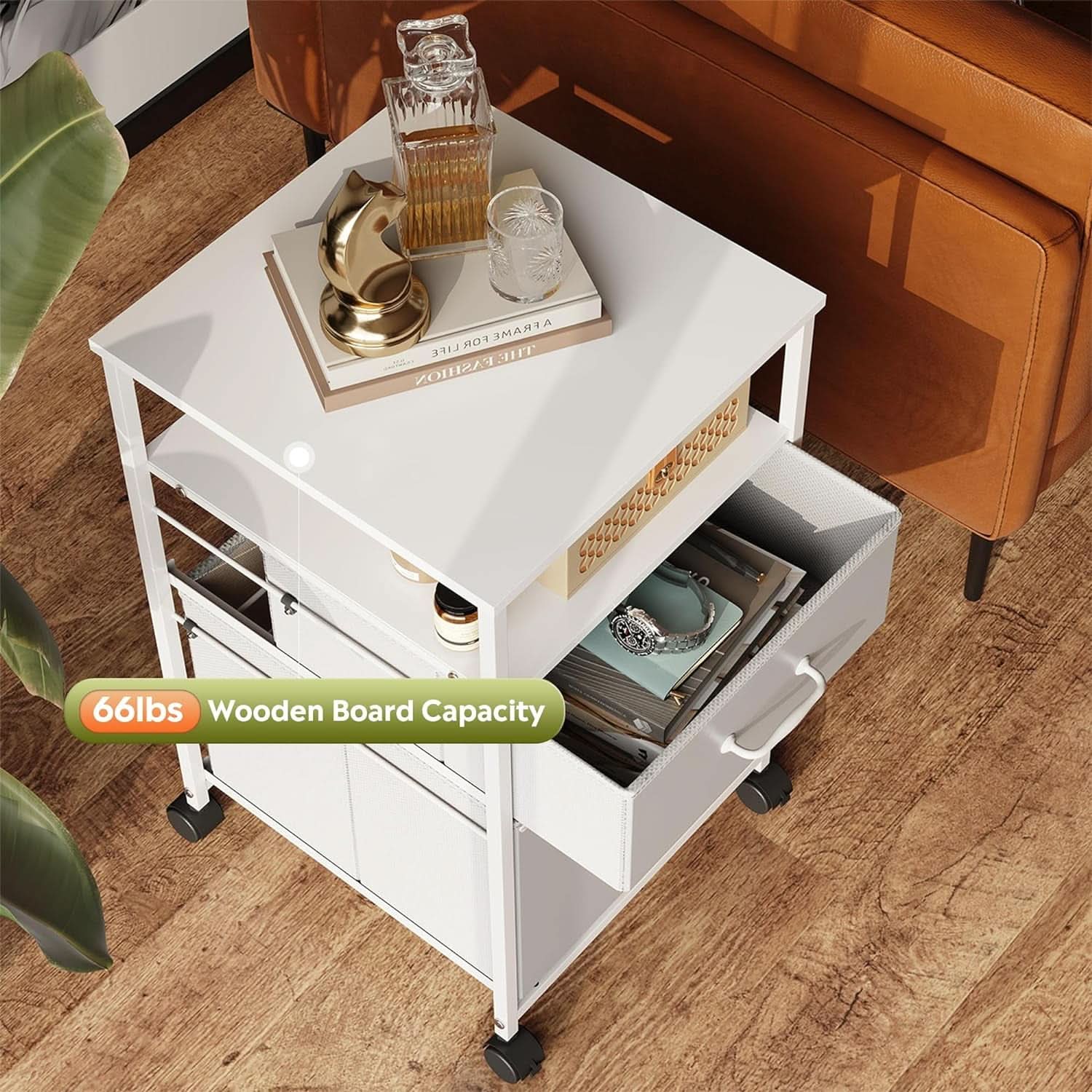 White 2-drawer vertical filing cabinet and mobile printer stand with wooden top and fabric drawers — view 5