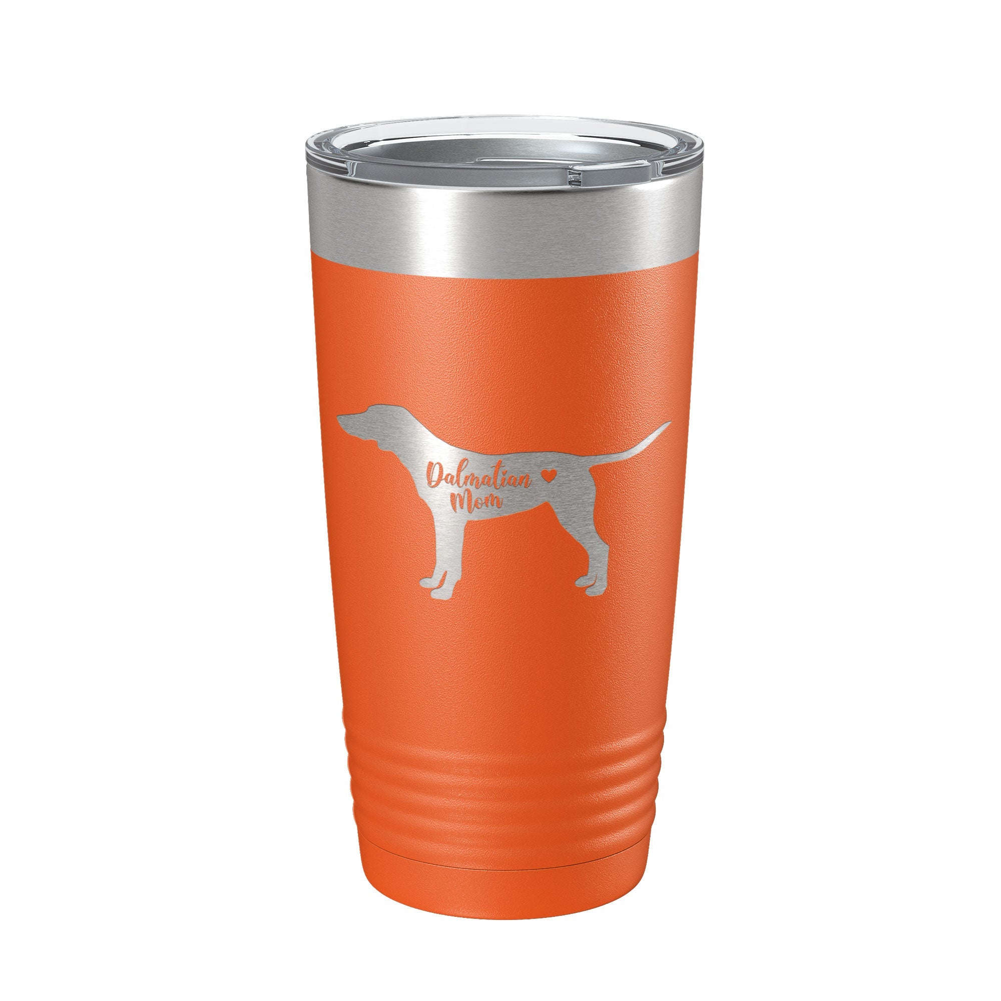 Black 20oz insulated stainless steel Dalmatian mom tumbler with clear lid and laser engraved design — view 5