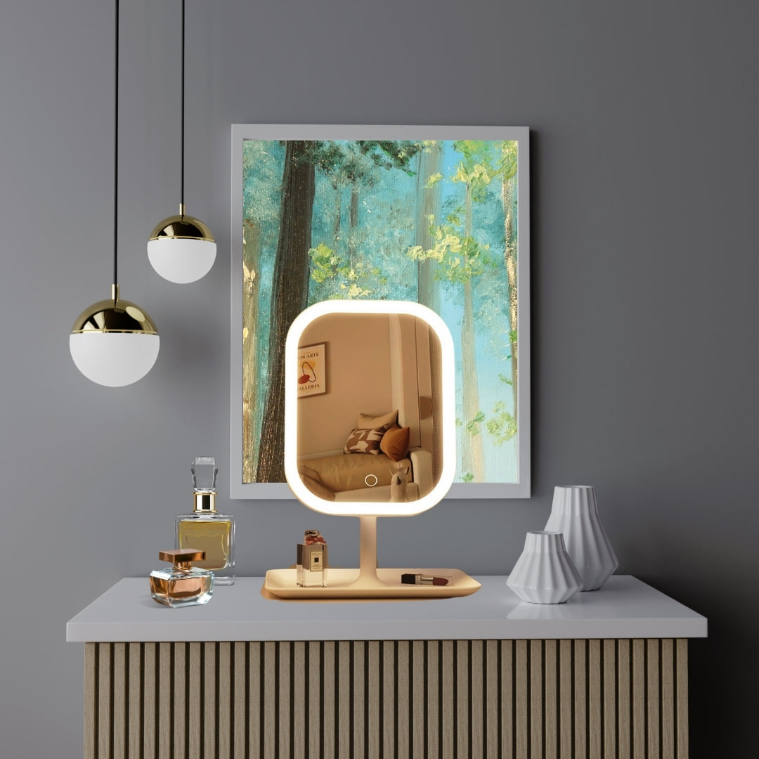 White squared smart LED makeup vanity mirror with tricolor adjustable lighting on table — view 4
