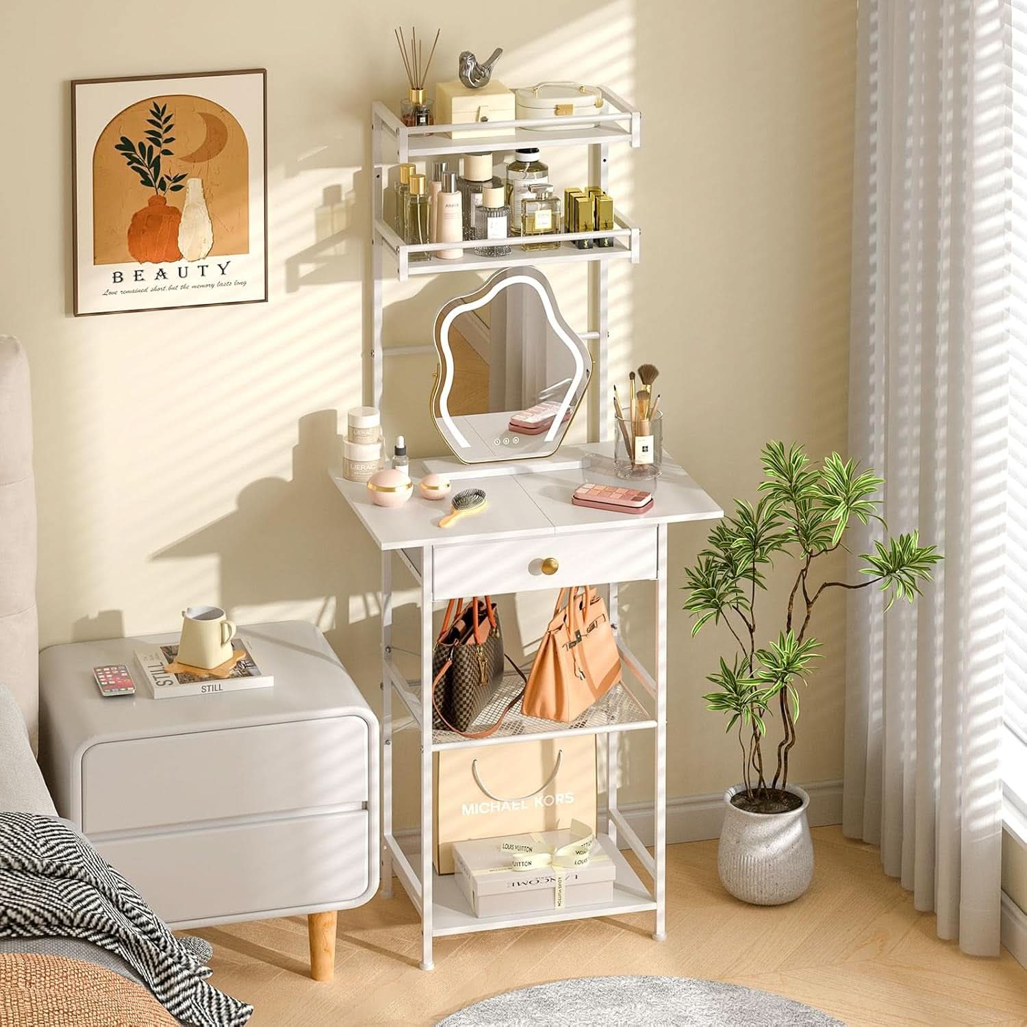 White ultra compact vanity desk with a large storage drawer and sturdy adjustable metal legs