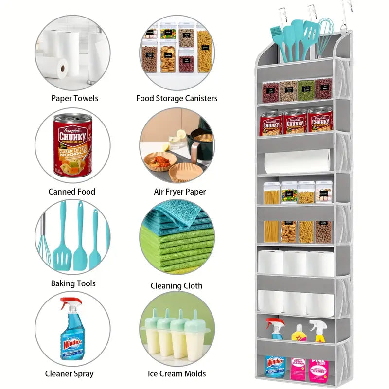 Light gray 5-shelf over-the-door organizer with 10 large side pockets hanging on a white door — view 3