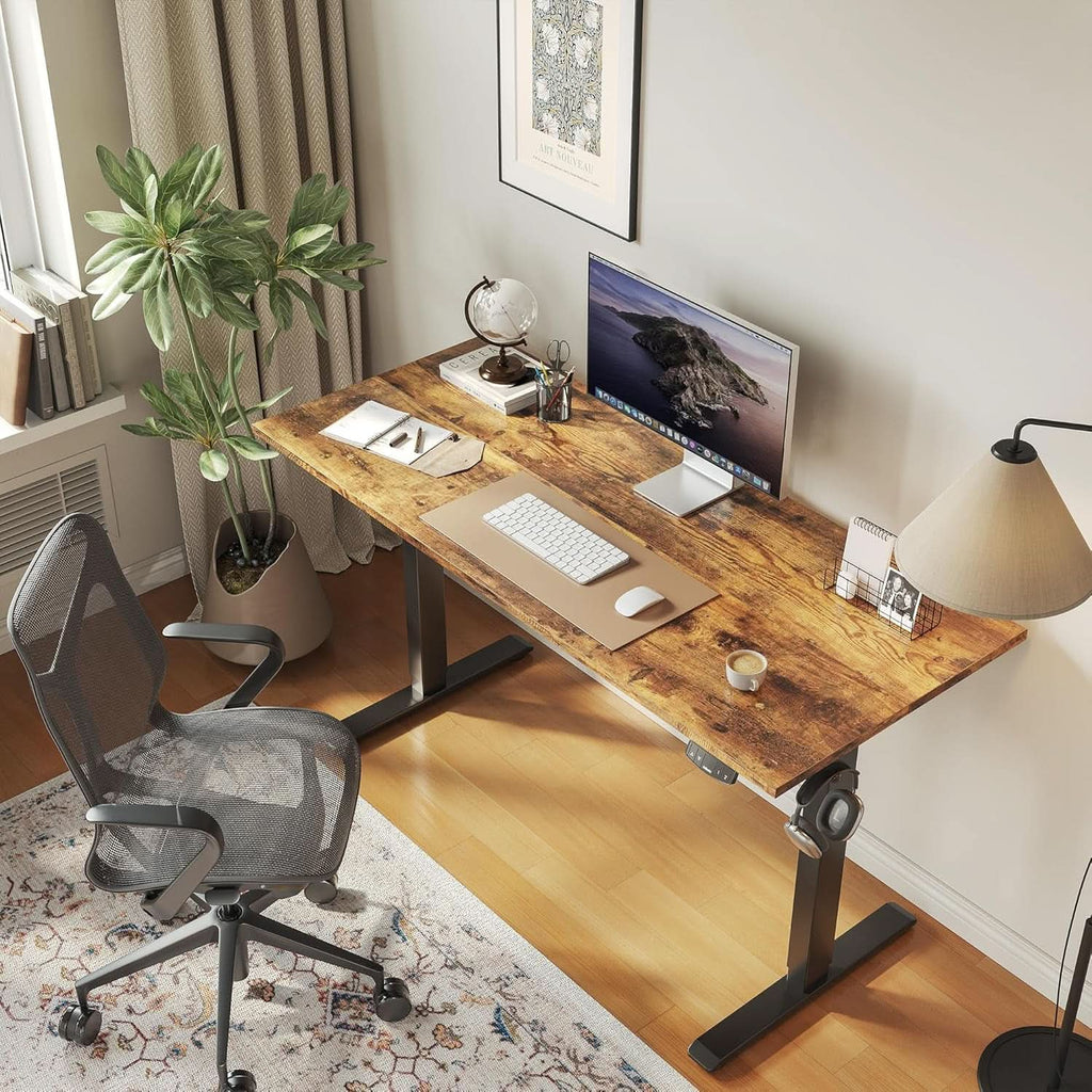 Rustic brown electric standing desk with black steel T-shaped frame and adjustable height features — view 4