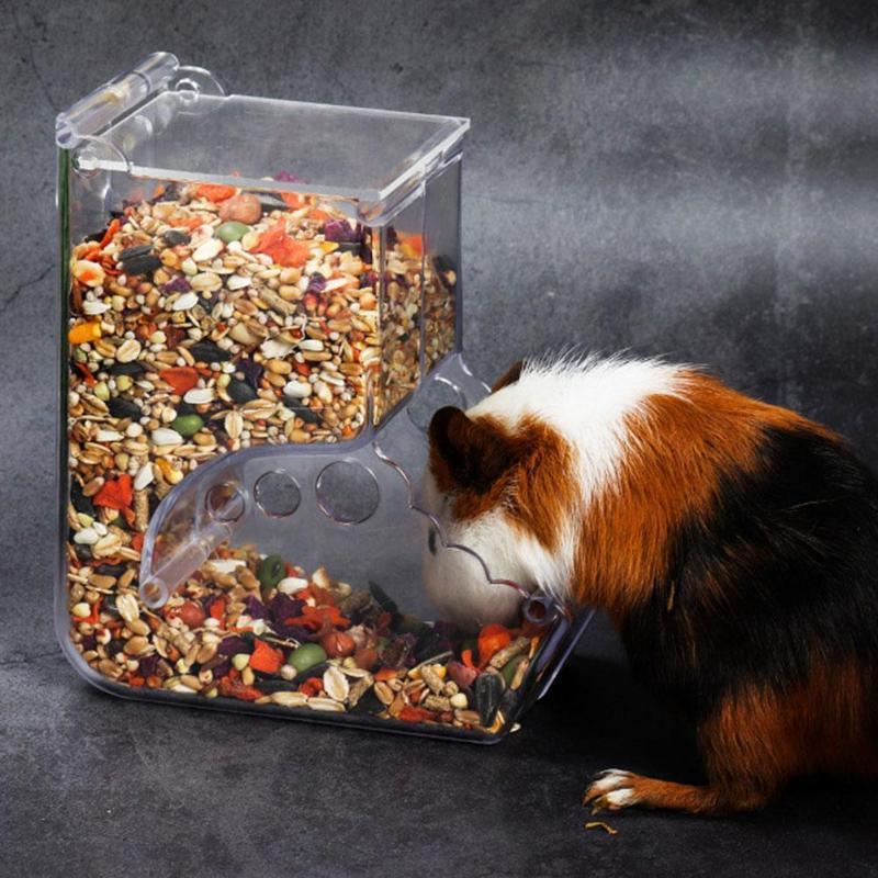 Transparent plastic hamster feeder food box attached securely to small pet cage wire — view 4