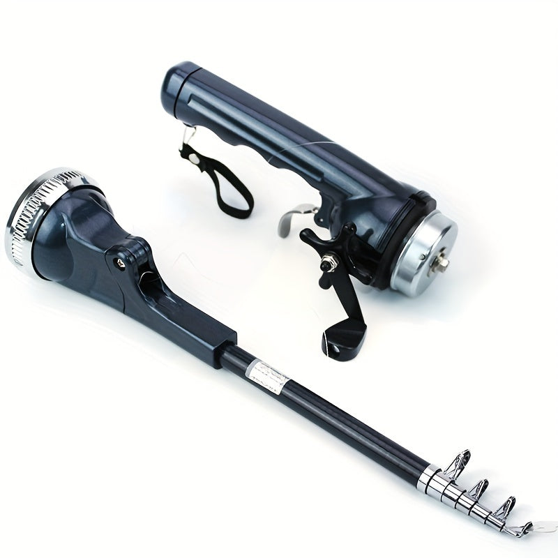 Compact pocket fishing rod with built-in reel and pre-spooled line in mixed color resin