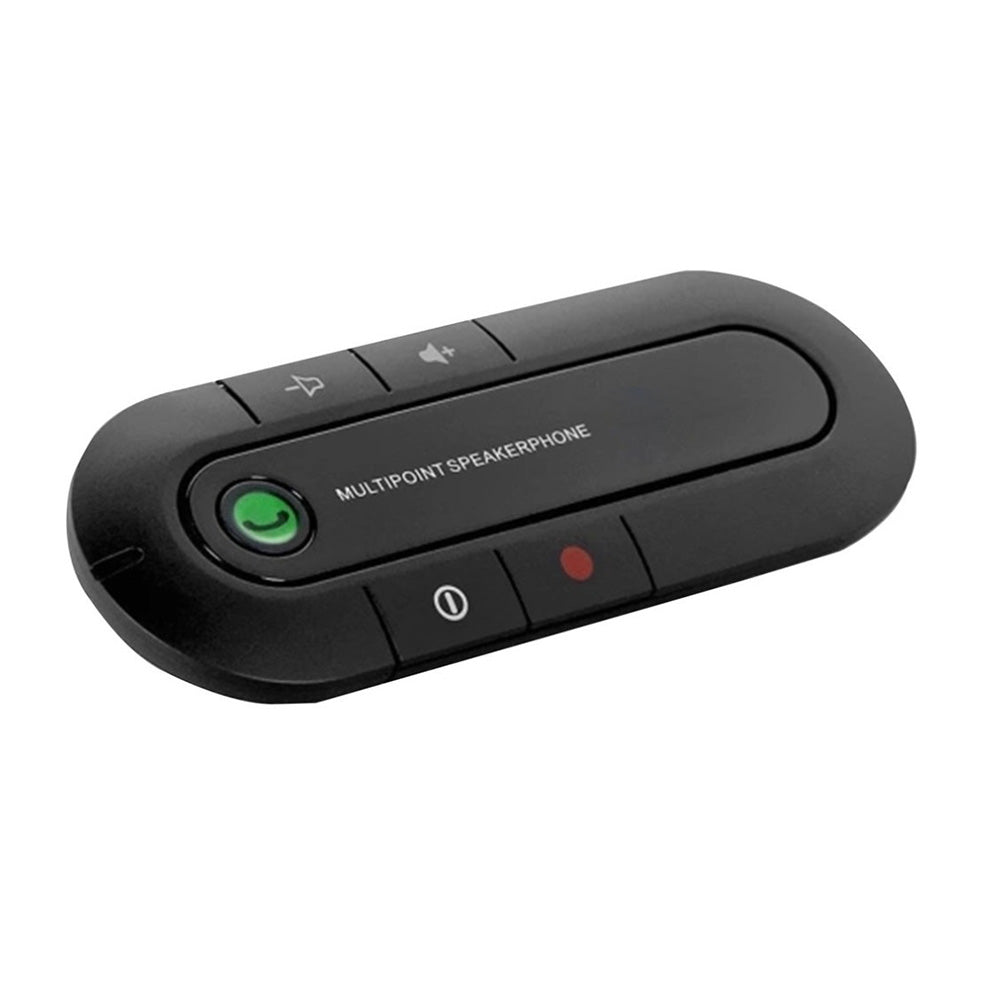 Black Bluetooth hands-free car speakerphone attached to a vehicle sun visor with metal clip. — view 3
