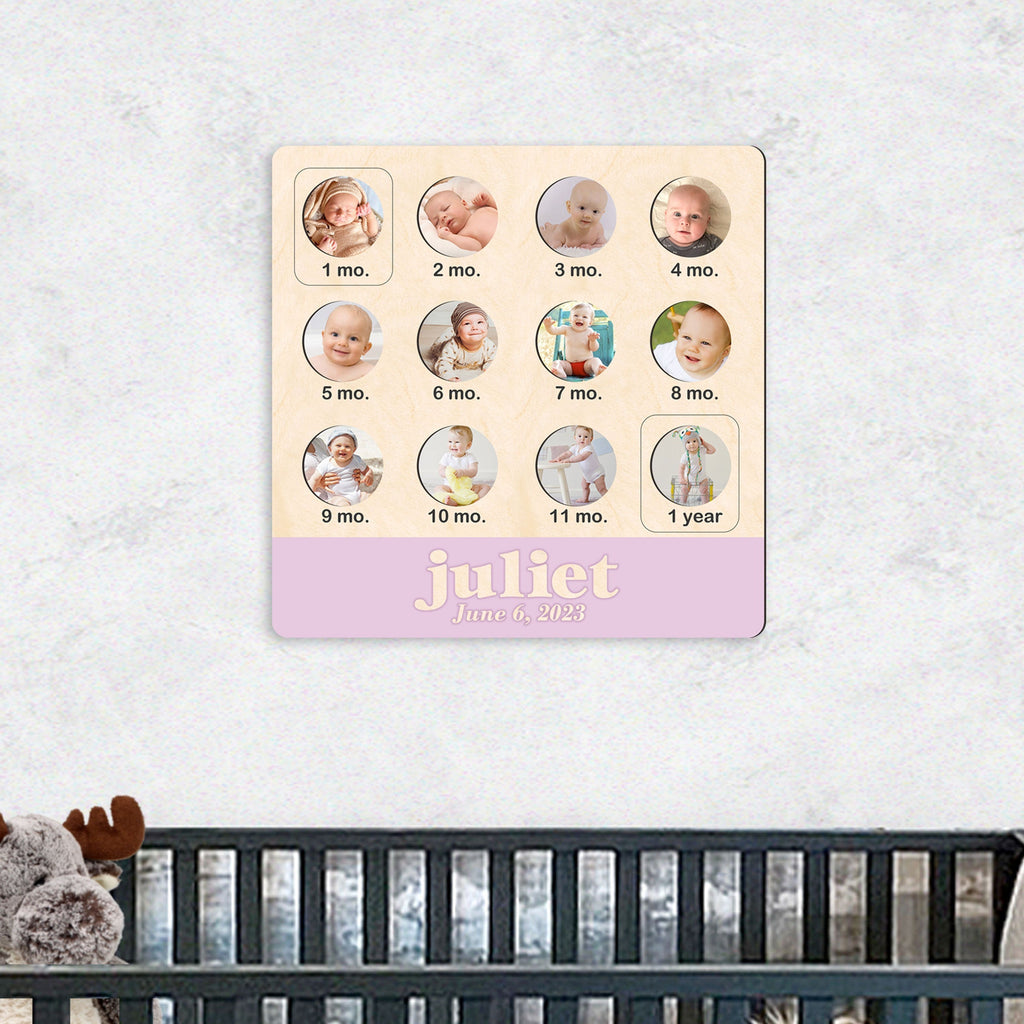 Custom wooden baby first year milestone photo collage board with monthly picture frames and personalized name — view 4