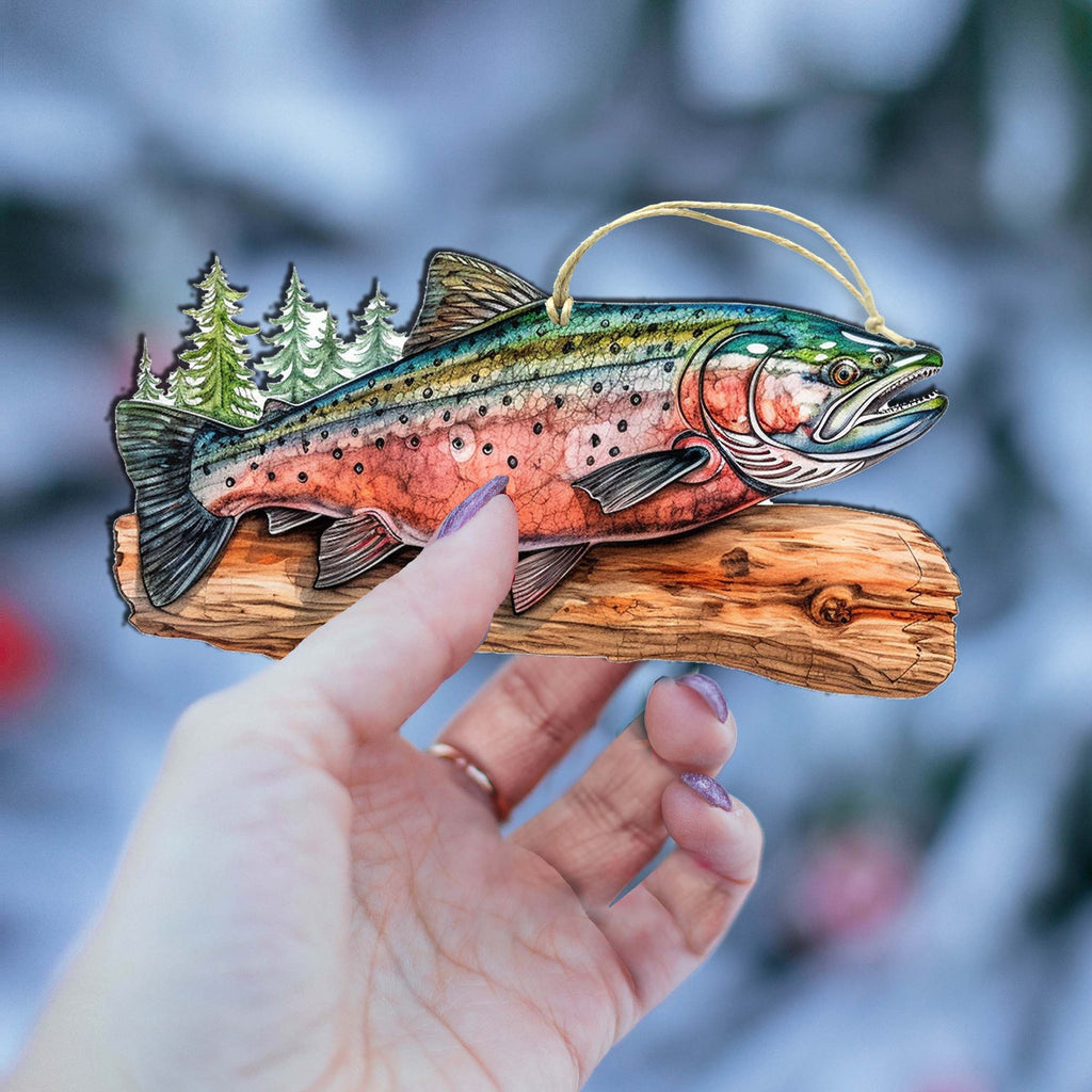 Sockeye salmon wooden ornament crafted from birch plywood with detailed wildlife artwork for holiday trees — view 5