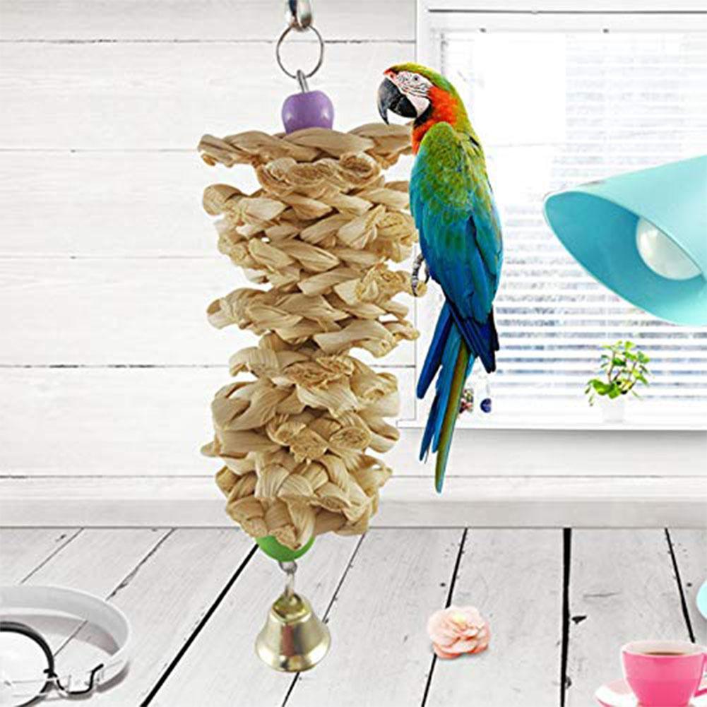 Natural grass bird parrot toy with bell attached to a metal hanging hook for wire cages — view 4