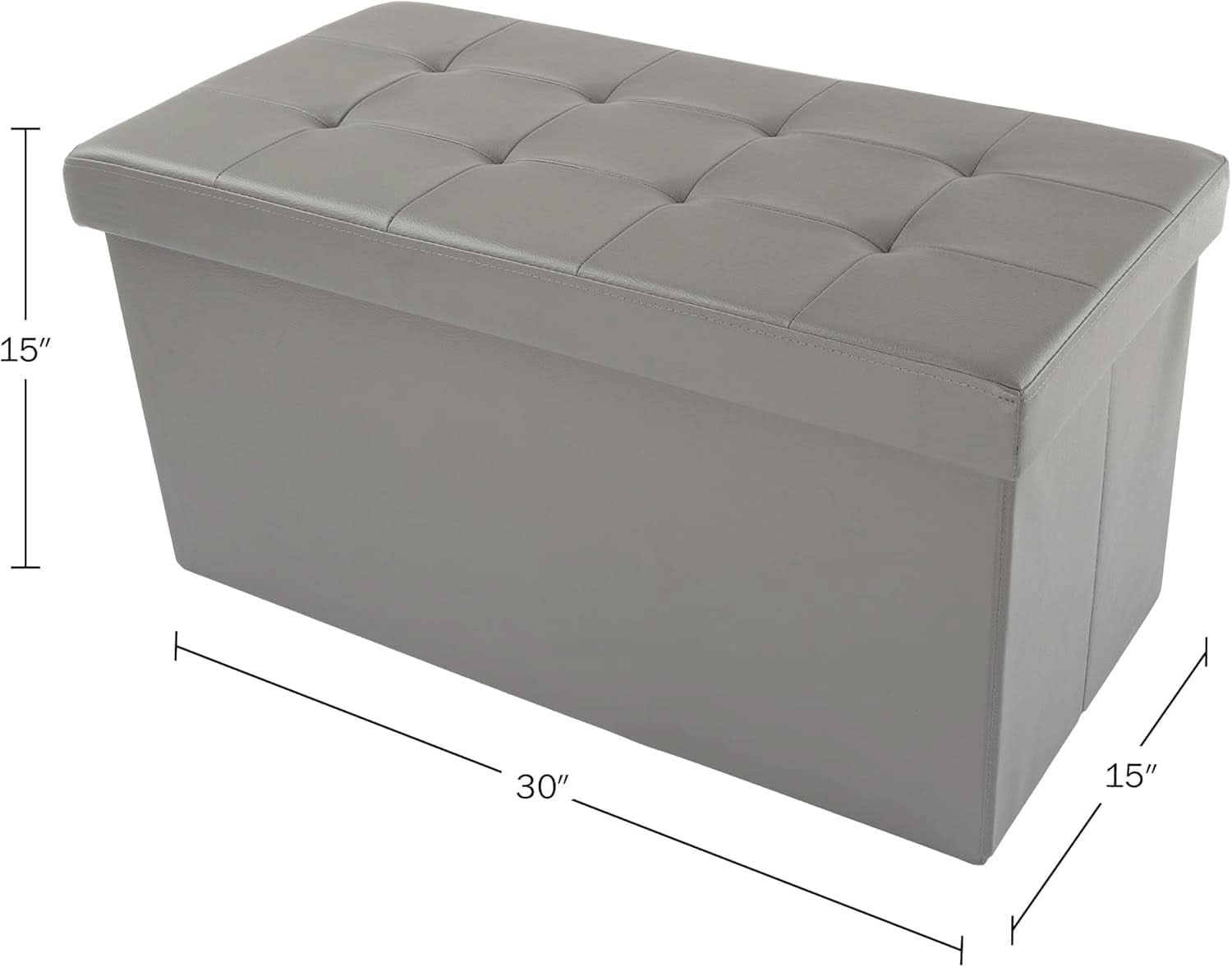 30-inch gray storage ottoman bench with padded faux leather lid and internal divider — view 3