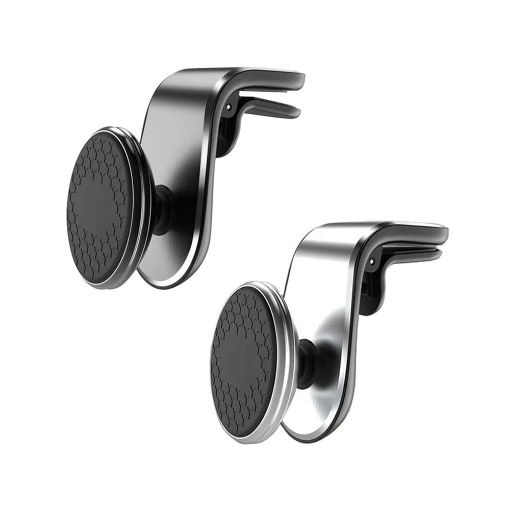 Universal car phone holder mounted on air vent, featuring black and silver aluminum alloy design — view 2