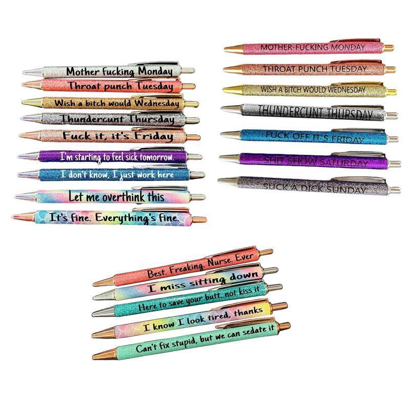 Colorful glitter ballpoint pen set with sarcastic swear word quotes and smooth black ink — view 2