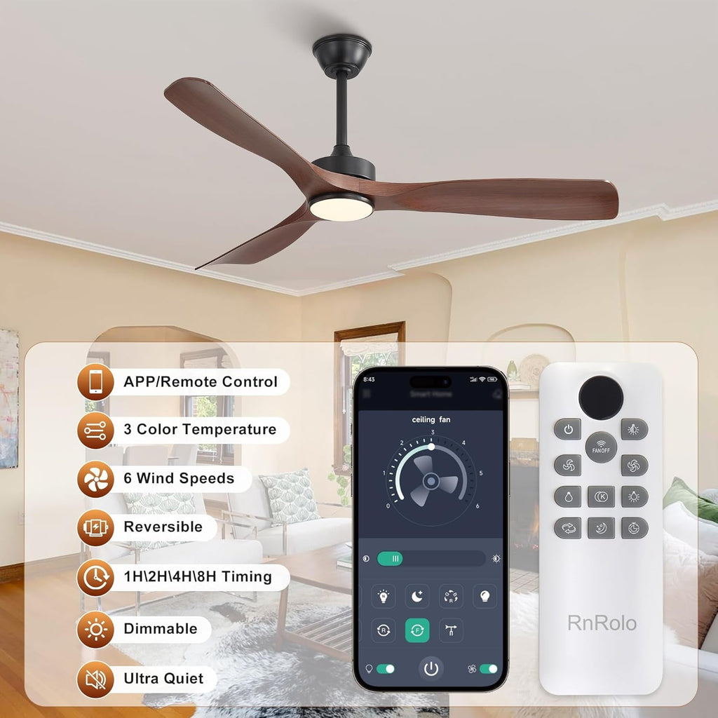 Modern 52-inch smart ceiling fan with integrated LED light and sleek interchangeable downrods — view 2