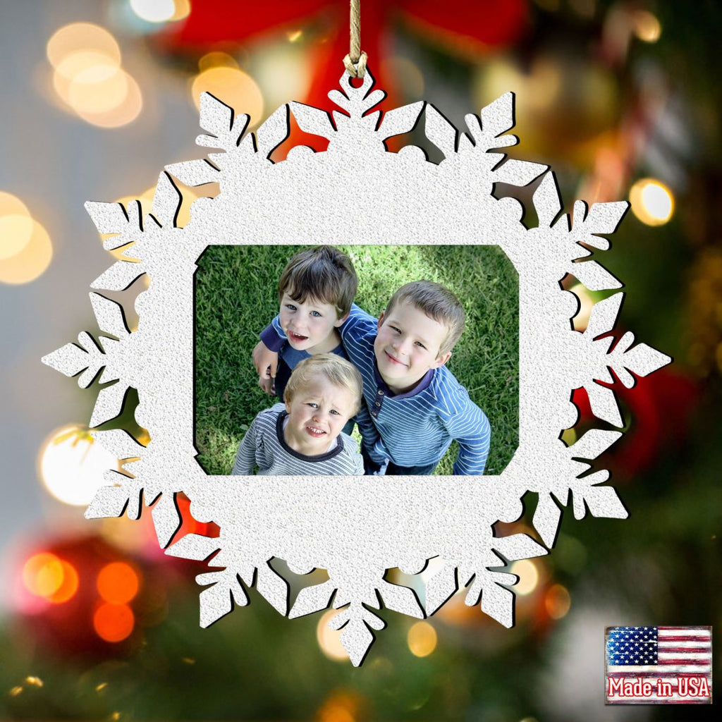Handcrafted wooden snowflake Christmas picture frame ornament for four by two inch photos — view 3
