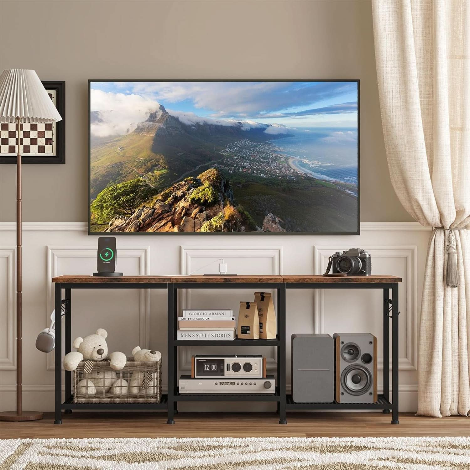 Rustic brown 47.2 inch TV stand with open mesh shelving side hooks and a charging station — view 5
