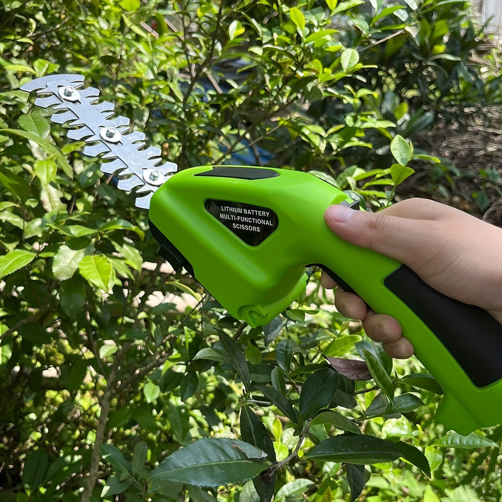 Green and black 2-in-1 rechargeable handheld hedge trimmer with metal pruning shears blades — view 4