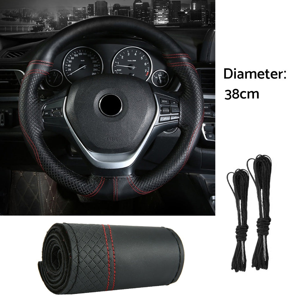 Premium black leather steering wheel cover with red stitching and DIY sewing needles — view 4