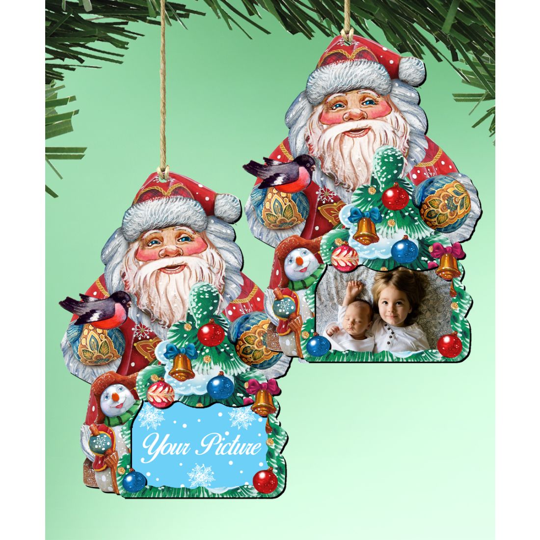Handcrafted wooden Santa and snowman Christmas tree picture frame ornament holding a photo