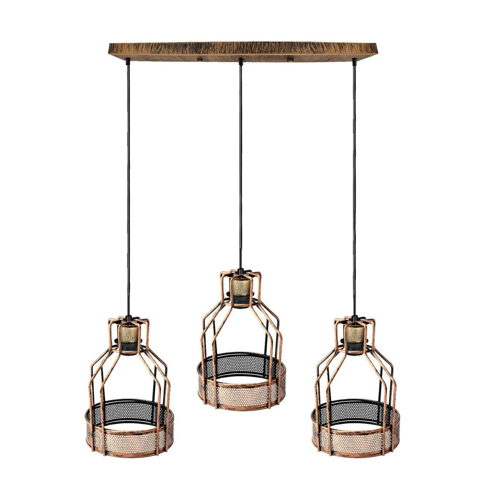 Vintage three head birdcage pendant light in brushed copper finish with hanging cables — view 2