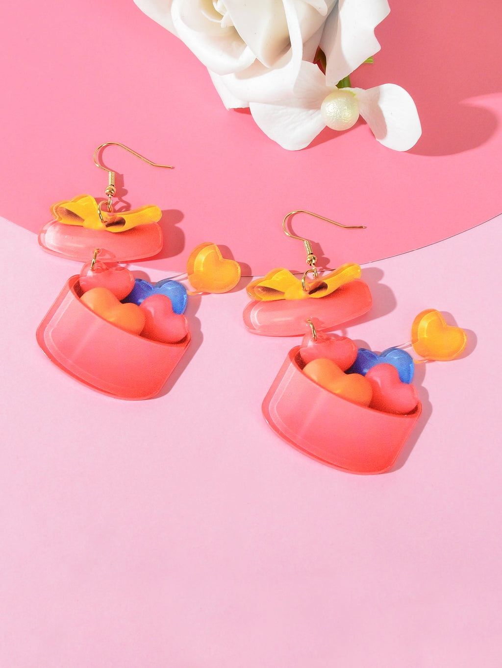 Pink sweetheart pendant dangle earrings with metal alloy hooks on a clean background — view 4