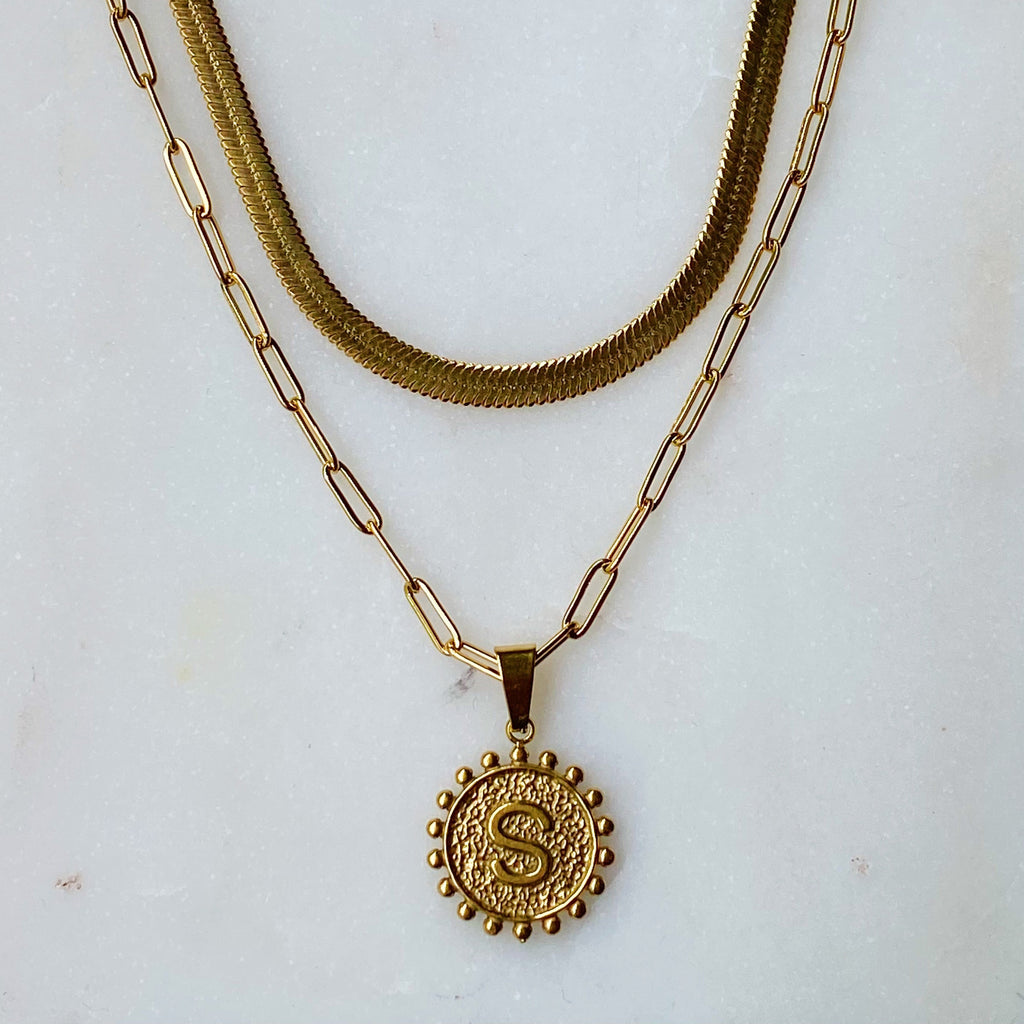 18K gold plated layered double chain necklace with reversible initial and heart charm — view 5