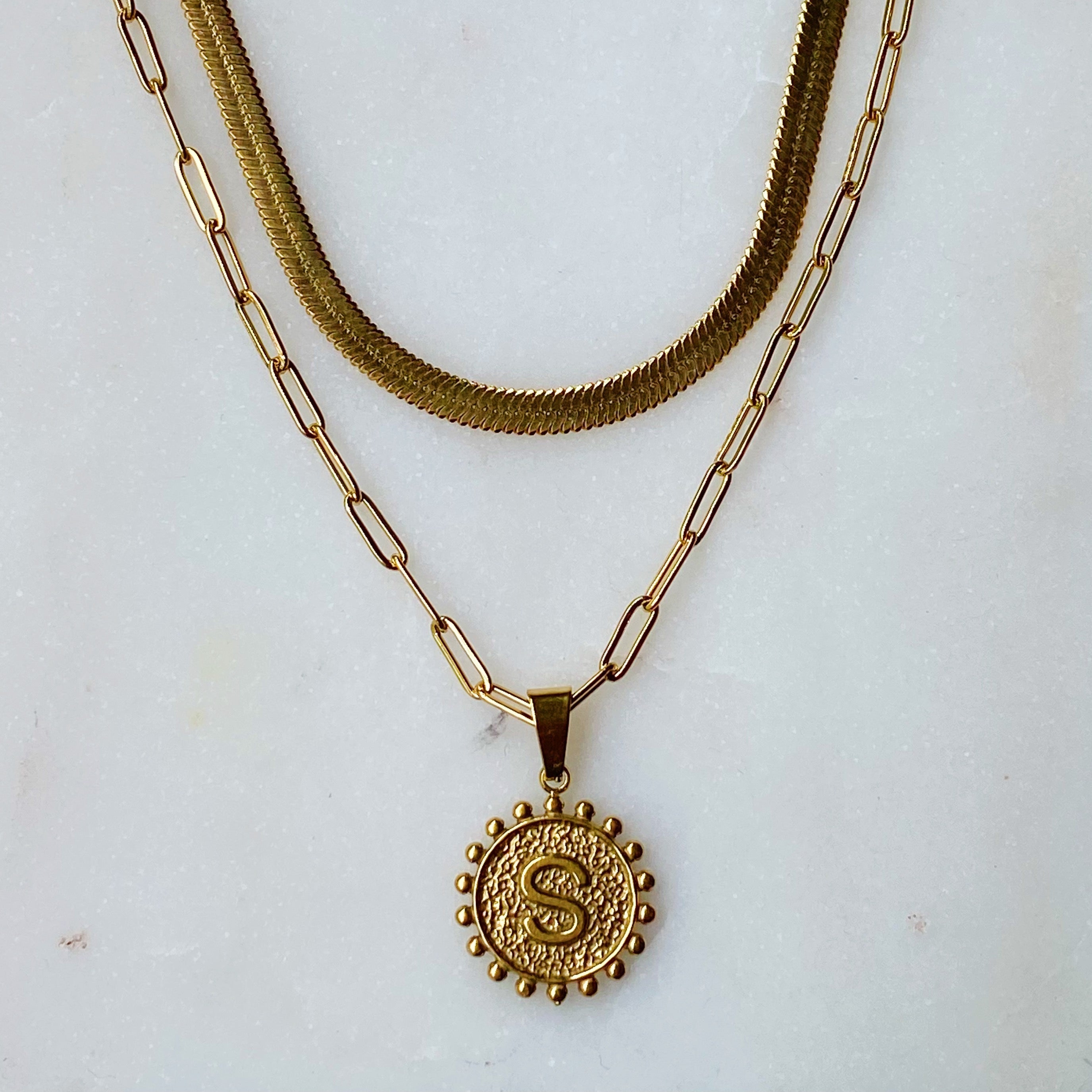 18K gold plated layered double chain necklace with reversible initial and heart charm — view 5