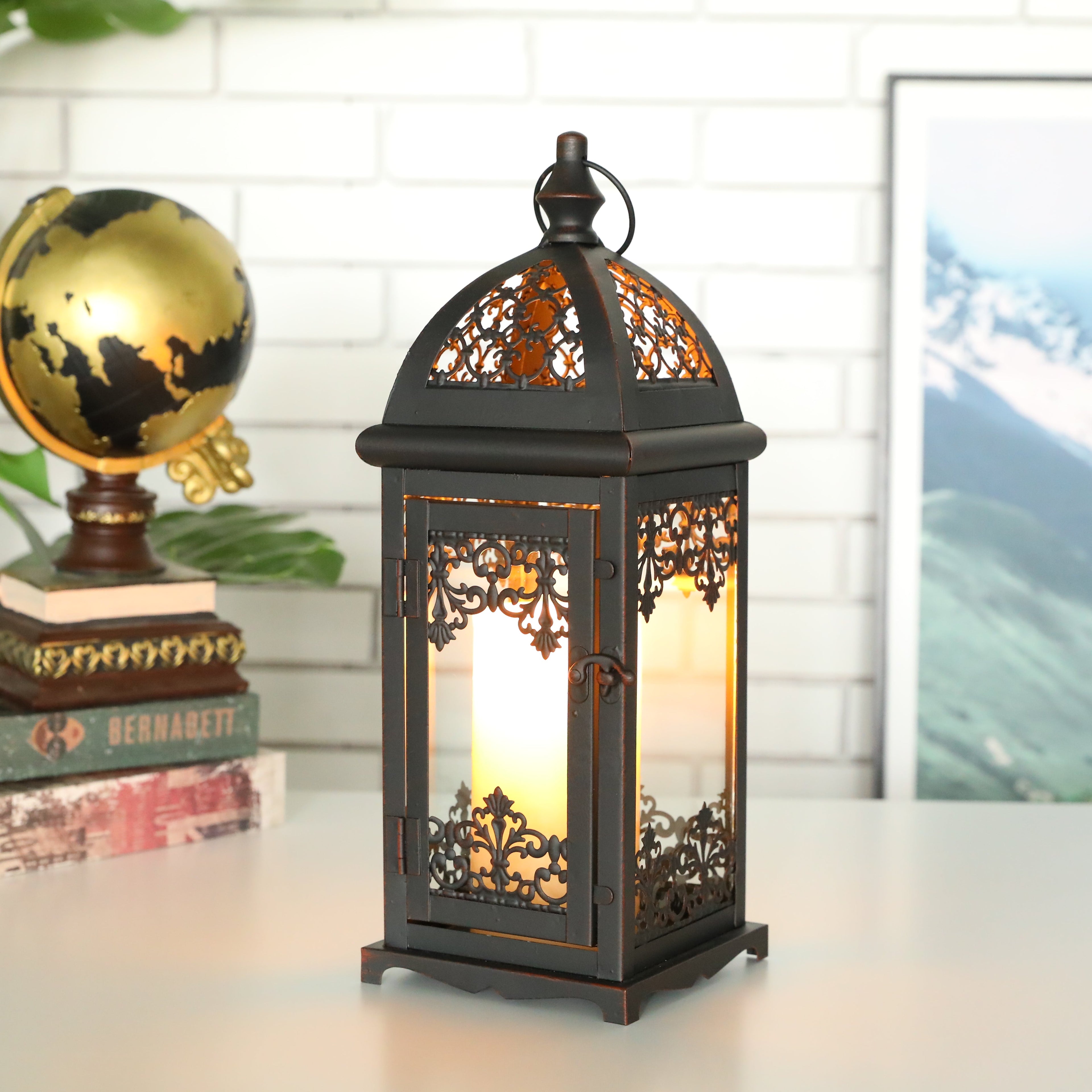 Black 15-inch vintage decorative candle lantern with red brush strokes and metal hanging ring.