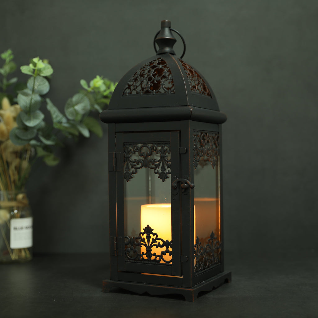 Black 15-inch vintage decorative candle lantern with red brush strokes and metal hanging ring. — view 5