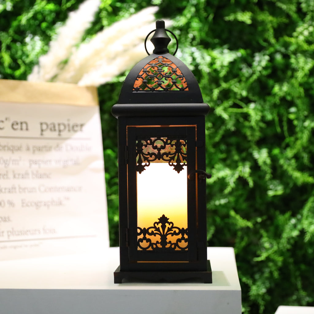 Black 15-inch vintage decorative candle lantern with red brush strokes and metal hanging ring. — view 4