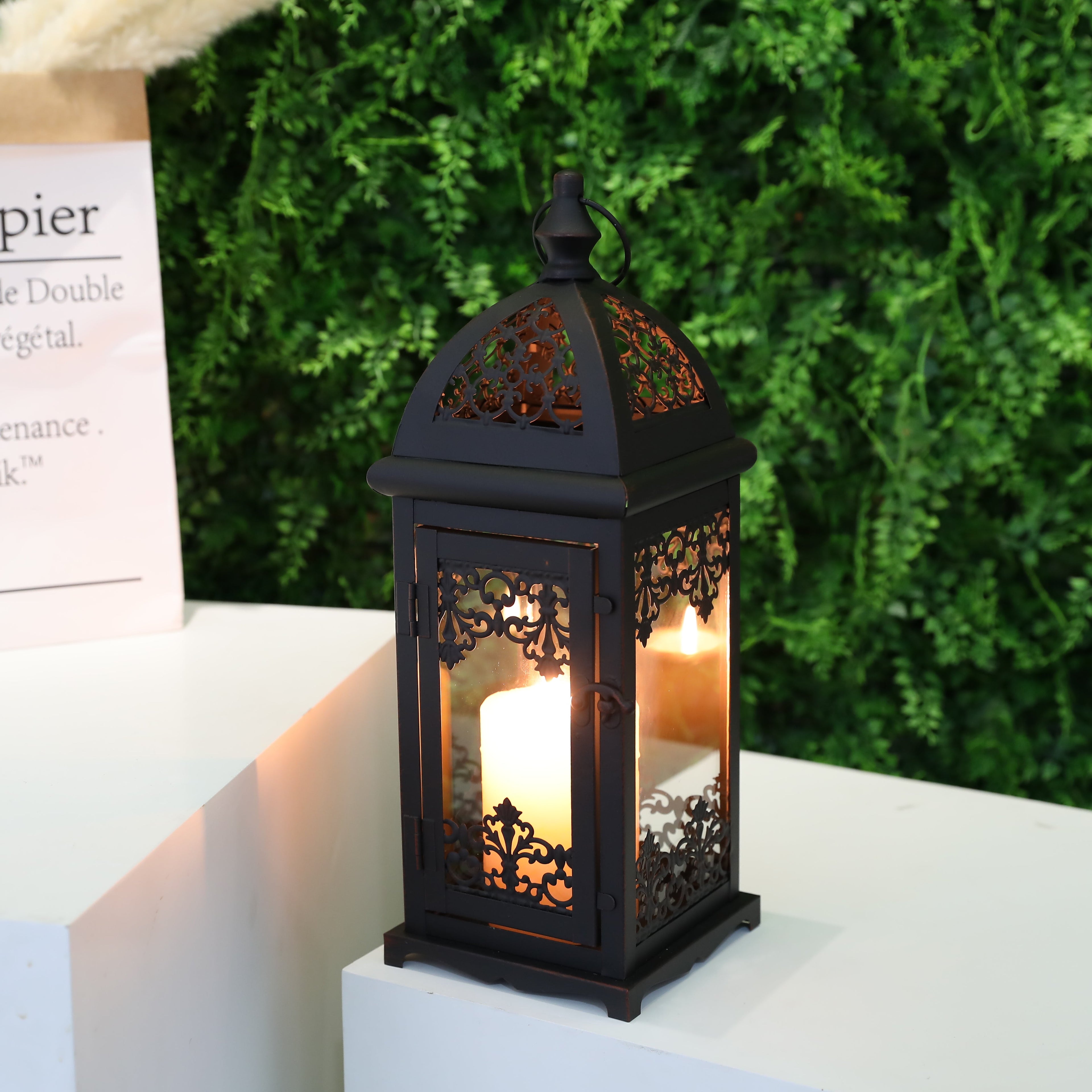 Black 15-inch vintage decorative candle lantern with red brush strokes and metal hanging ring. — view 3