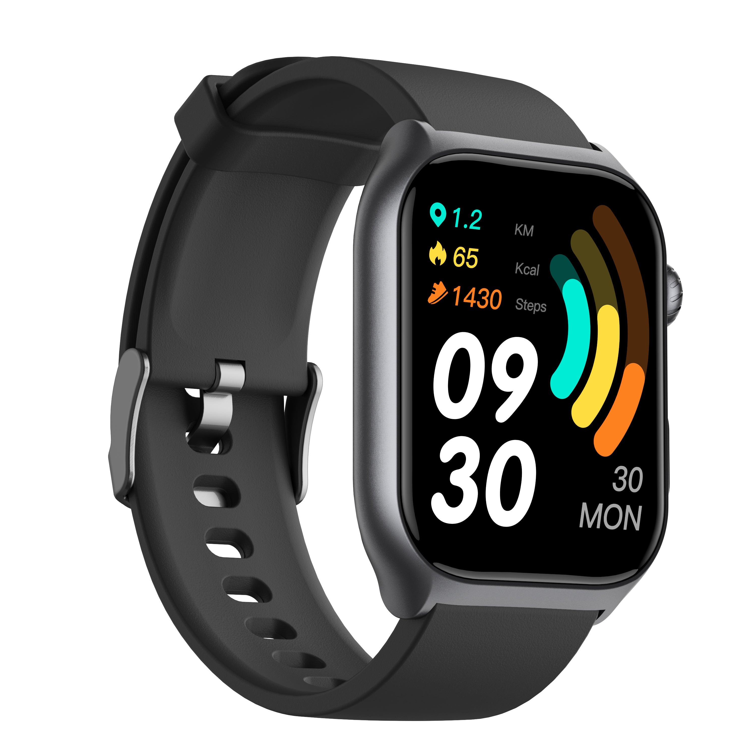 Full touch sports smartwatch with digital display, silicone wristband, and heart rate tracking interface — view 2
