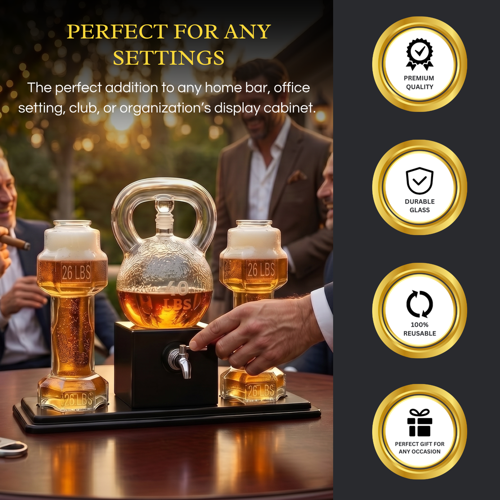 Clear glass kettlebell whiskey decanter and four dumbbell glasses on a wooden display base — view 4