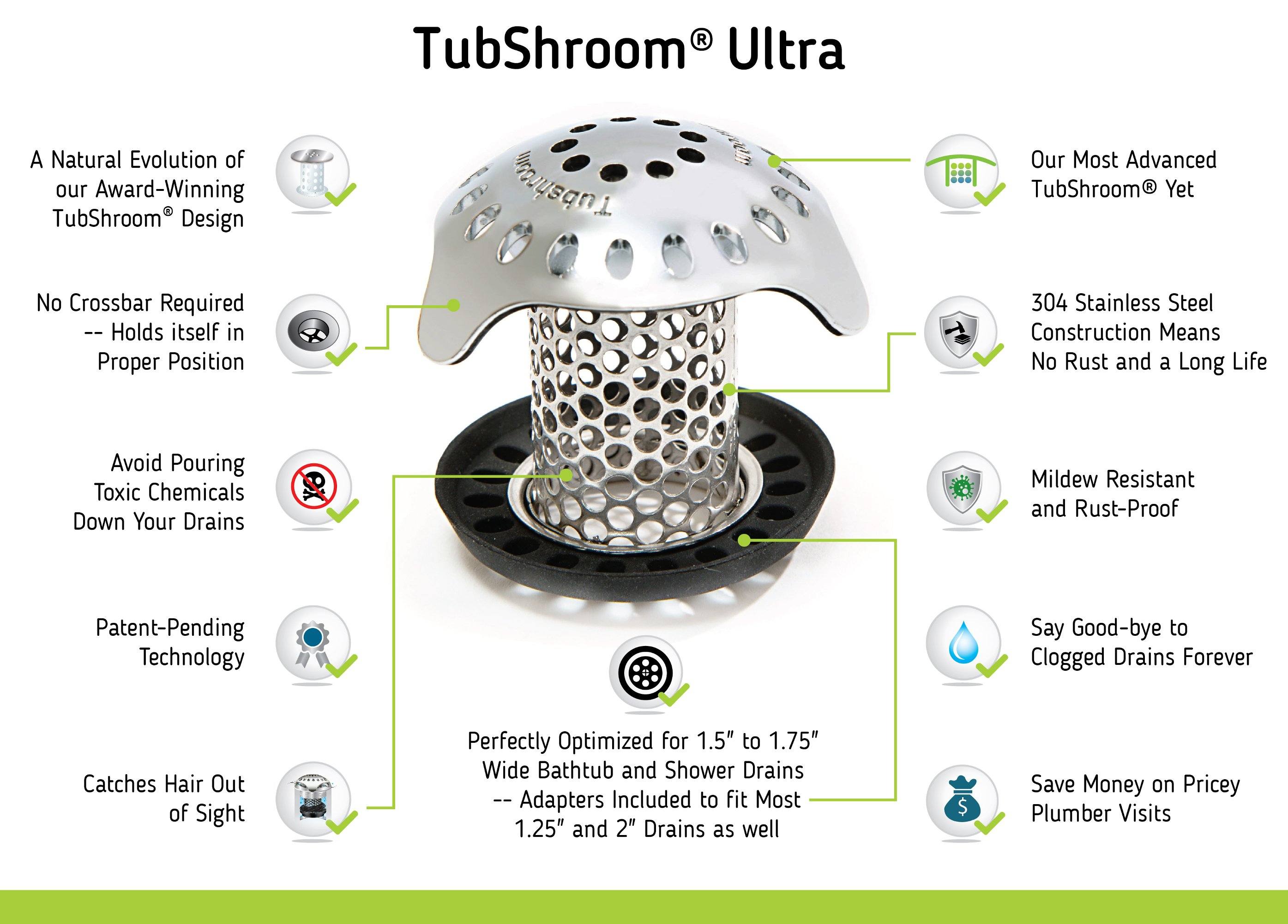 Stainless steel TubShroom Ultra bathtub hair catcher with StopShroom drain plug and sizing adapters — view 3