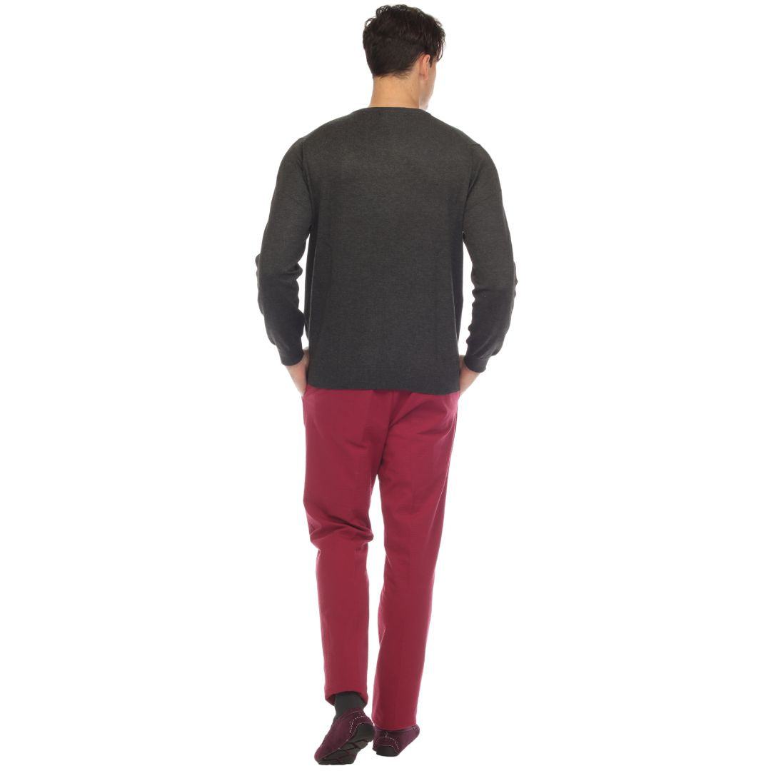 Men's charcoal grey knitted crewneck sweater, slim fit long sleeve pullover on a neutral background — view 5