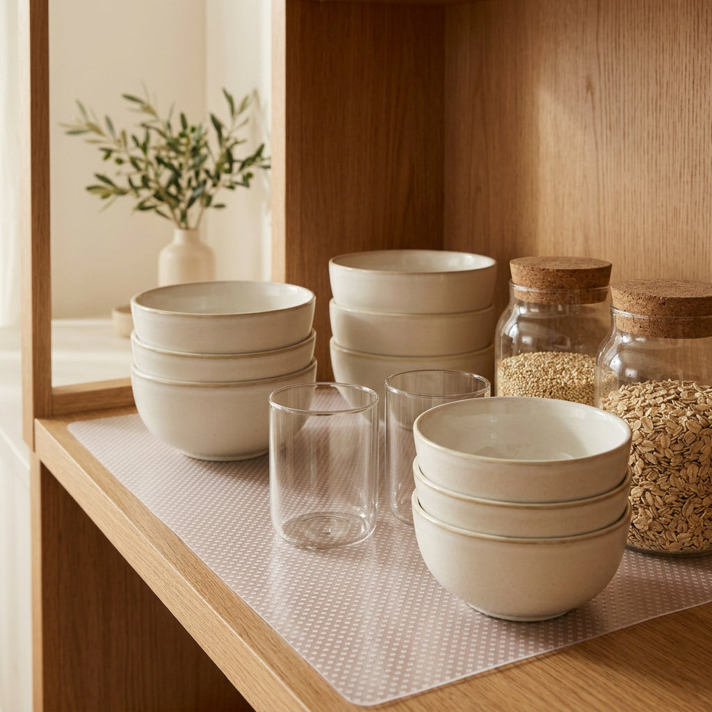 Transparent EVA cabinet shelf liner mat roll unrolled on a wooden kitchen drawer surface — view 4