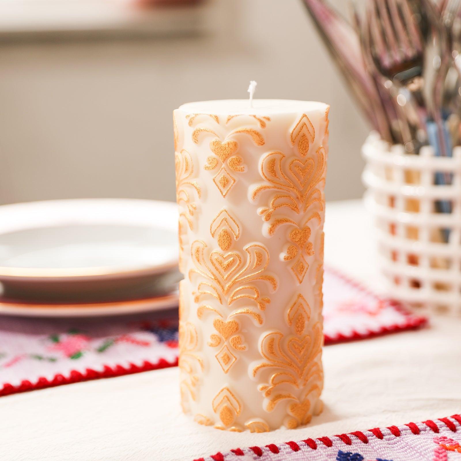 Tall elegance patterned relief pillar candle silicone mold showcasing detailed sculptural design. — view 4