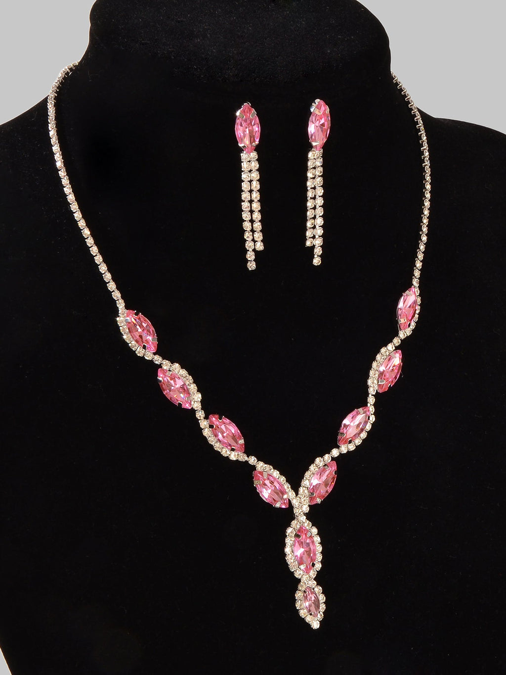 Luxurious pink crystal wedding jewelry set featuring a water drop necklace and matching dangle earrings — view 3
