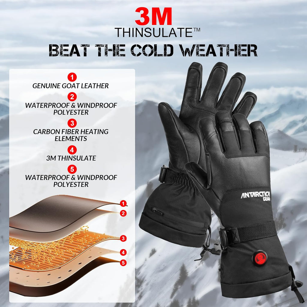 Black rechargeable heated winter ski gloves featuring premium leather palms and touchscreen compatible fingertips — view 4