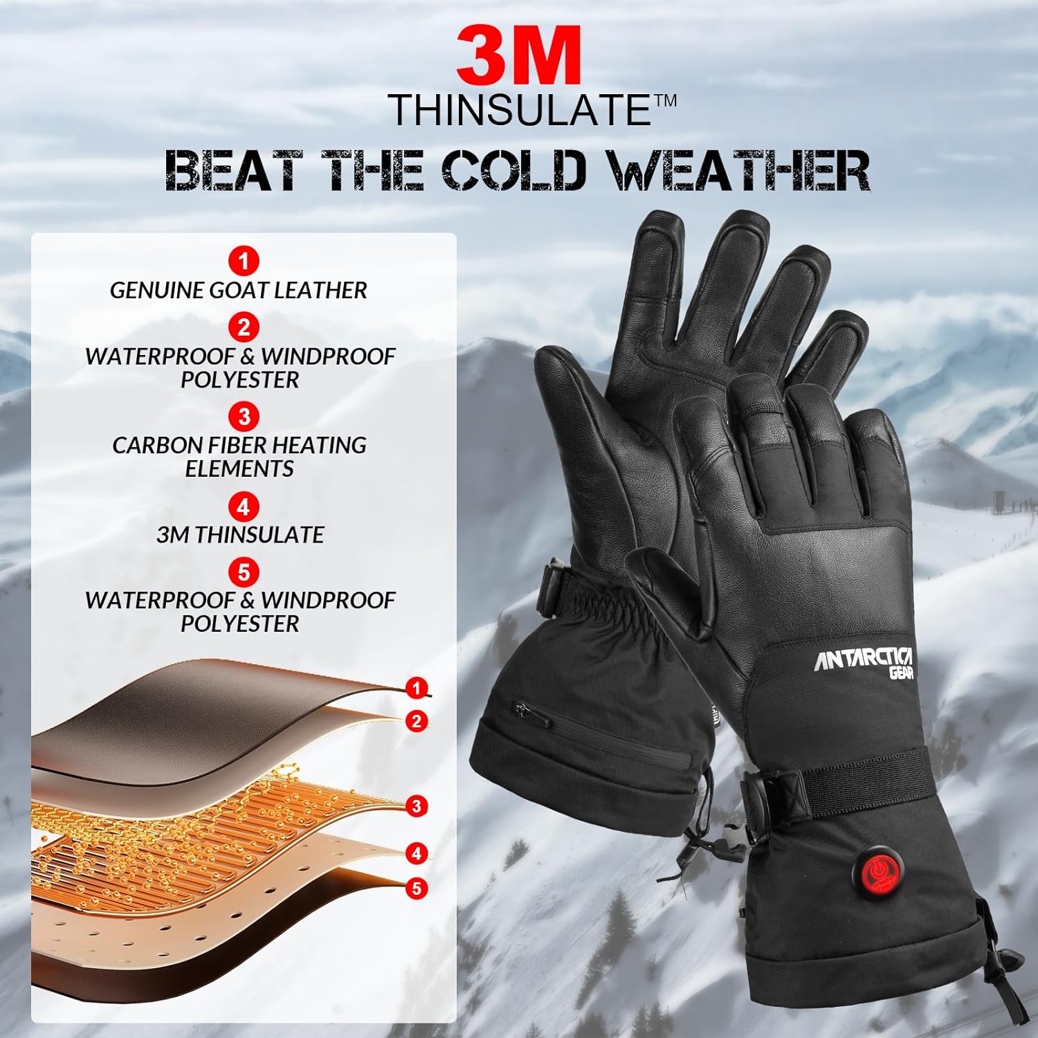 Black rechargeable heated winter ski gloves featuring premium leather palms and touchscreen compatible fingertips — view 4