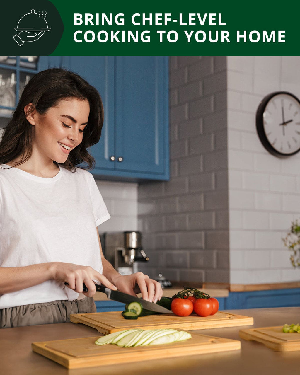 Bamboo cutting board set of 3 with juice grooves arranged on a kitchen countertop — view 5