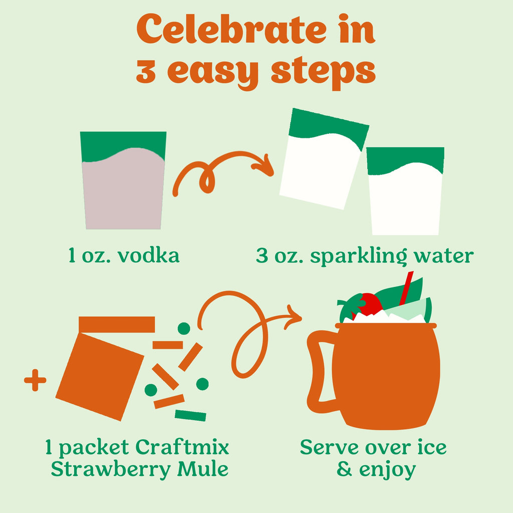 Craftmix Strawberry Mule cocktail mix 12-pack showing individual travel packets and vibrant fruit graphics — view 4