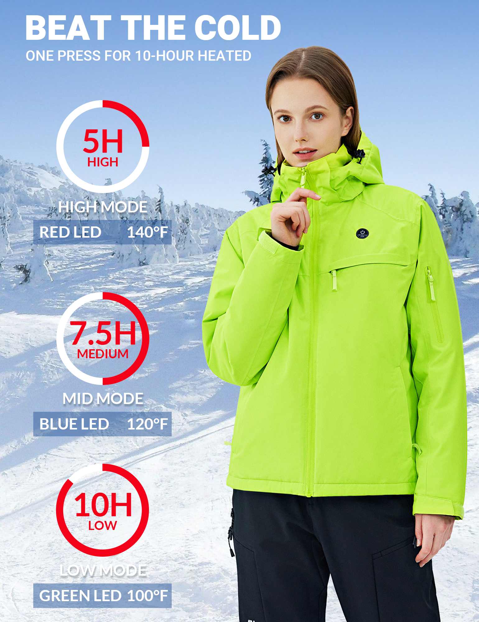 Women's heated ski jacket in weather-resistant fabric with adjustable storm hood and secure zipper pockets — view 3