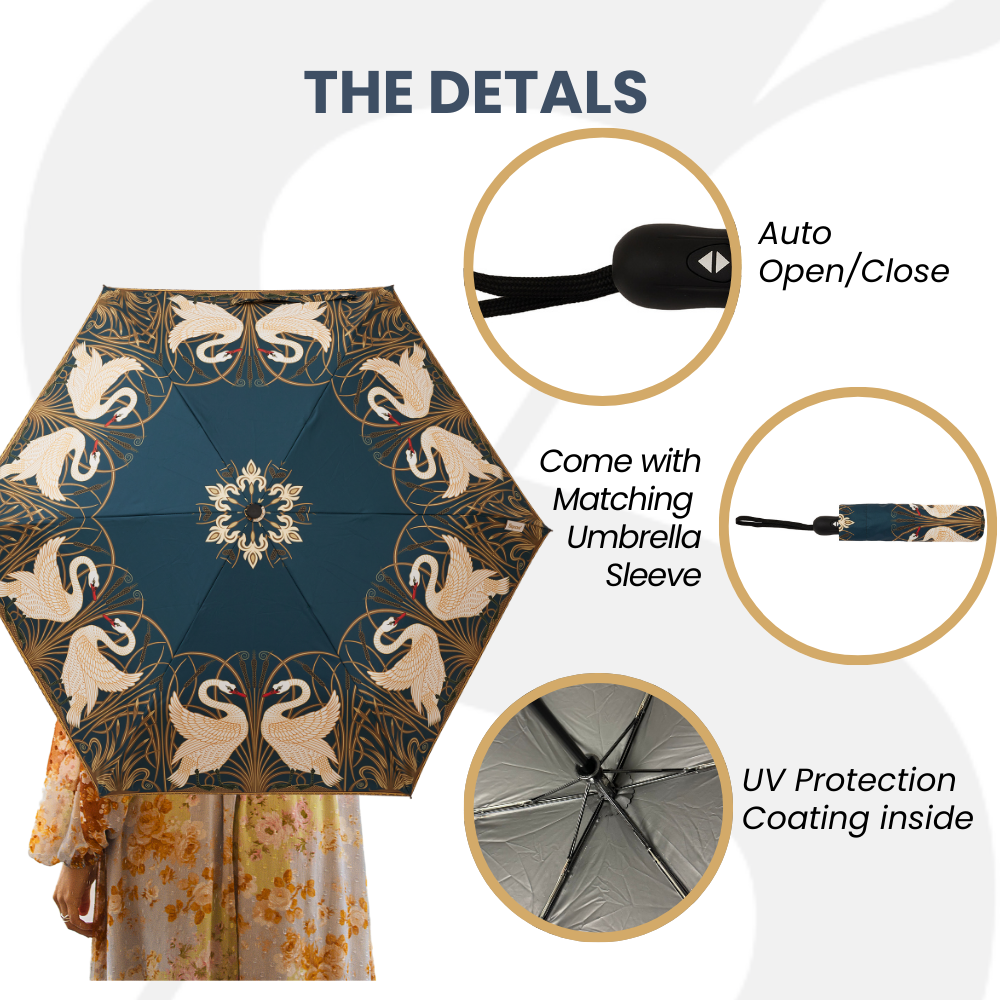 Swan patterned automatic folding umbrella with a matching storage sleeve and UPF 50 canopy. — view 3