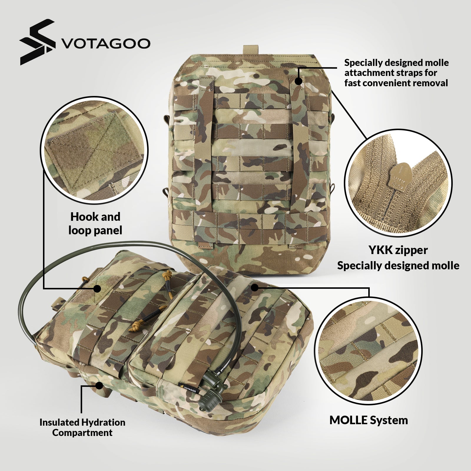 VOTAGOO tactical hydration pack 3L MOLLE compatible carrier made of durable nylon with storage compartments — view 3