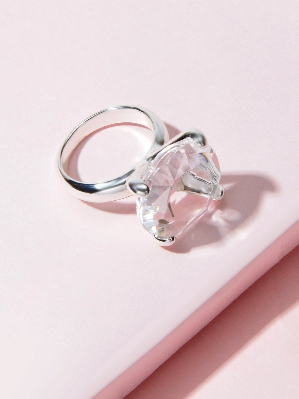 Big transparent simulated crystal women's statement ring with silver polished band for engagement gifts. — view 3