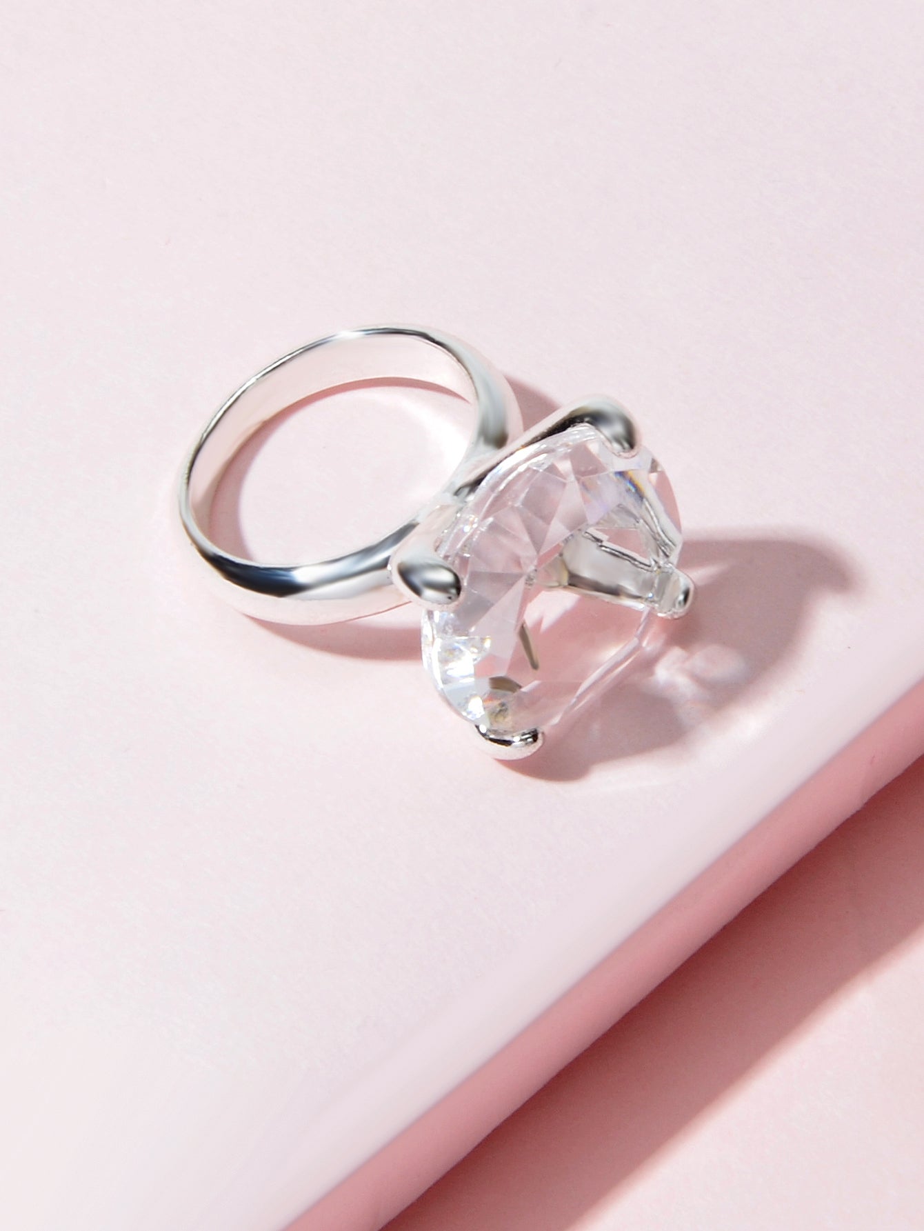Big transparent simulated crystal women's statement ring with silver polished band for engagement gifts. — view 3