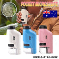 Mini portable pocket microscope in bright colors with LED light and smartphone bracket attachment.