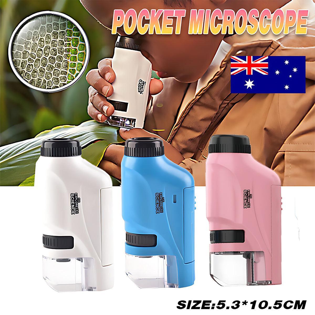 Mini portable pocket microscope in bright colors with LED light and smartphone bracket attachment.