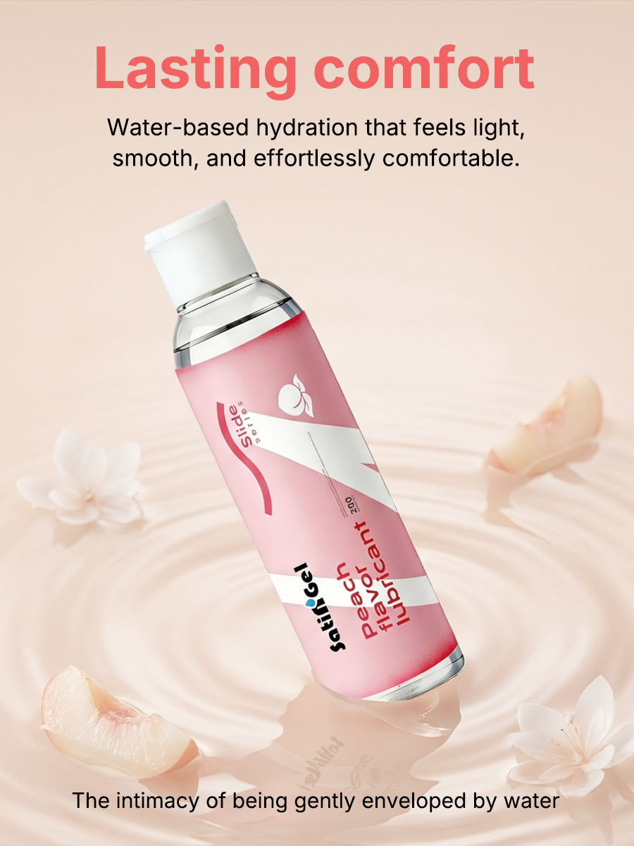 SatinGel peach flavored water-based personal lubricant bottle showcasing plant-based natural ingredients — view 5