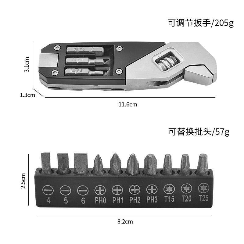 Stainless steel 8-in-1 folding multitool wrench with pliers, knife, and screwdrivers deployed. — view 3