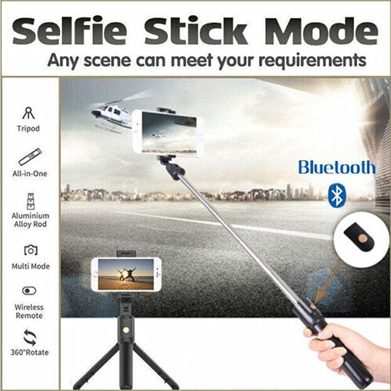 Black foldable wireless Bluetooth selfie stick and extendable tripod mount for mobile phones